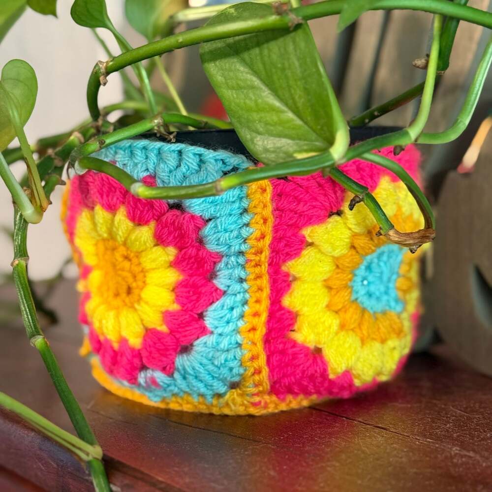 Pink/orange/Yellow Plant Holder — Handmade granny square